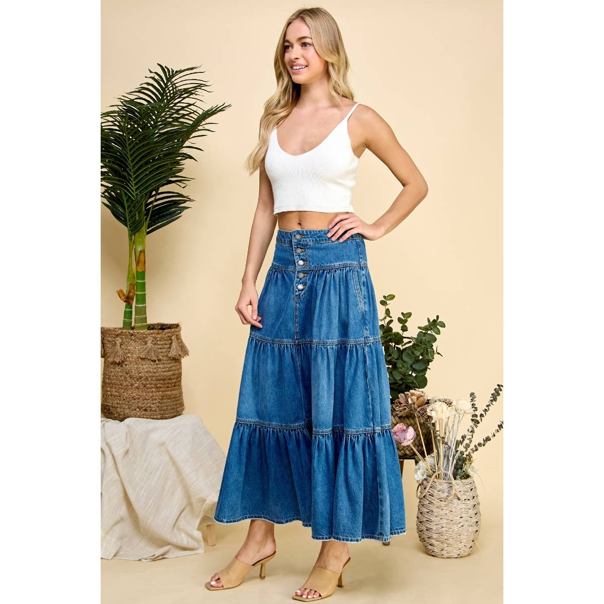 Front Button 3 tiered Denim Skirt