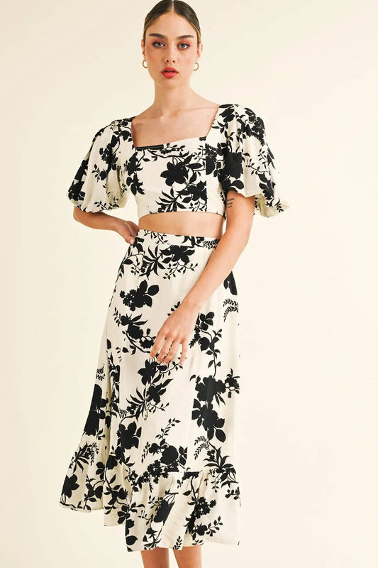 Puff Sleeve Crop Top Black Floral Print Ruffle Hem Midi Skirt Two Piece Set
