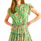 Green Red Floral Print Ruffle Sleeve Keyhole Neck Smocked Tiered Mini Dress