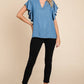 LST5325 - CHAMBRAY FLUTTER SLEEVE TOP=