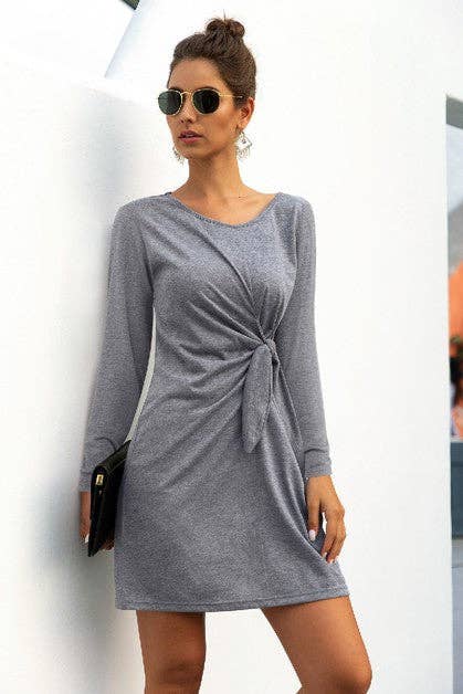 Round Neck Knot Long Sleeve Dress -