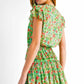 Green Red Floral Print Ruffle Sleeve Keyhole Neck Smocked Tiered Mini Dress