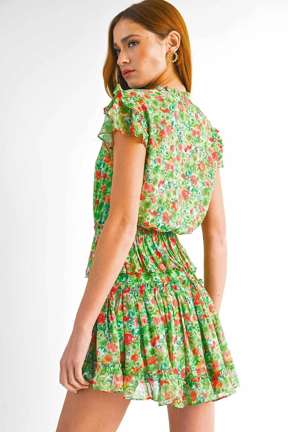 Green Red Floral Print Ruffle Sleeve Keyhole Neck Smocked Tiered Mini Dress