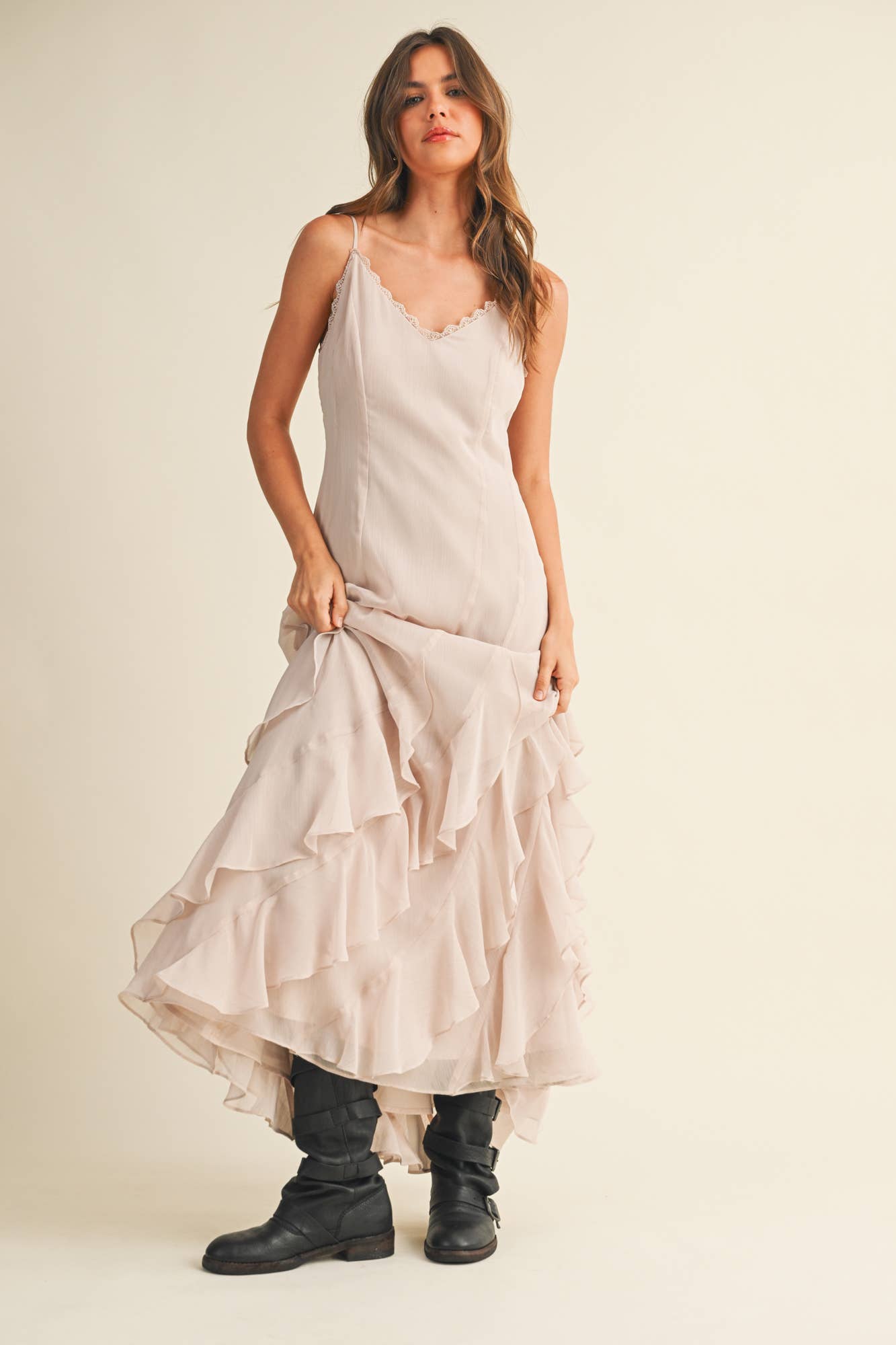 LACE V NECK RUFFLED CAMI DRESS