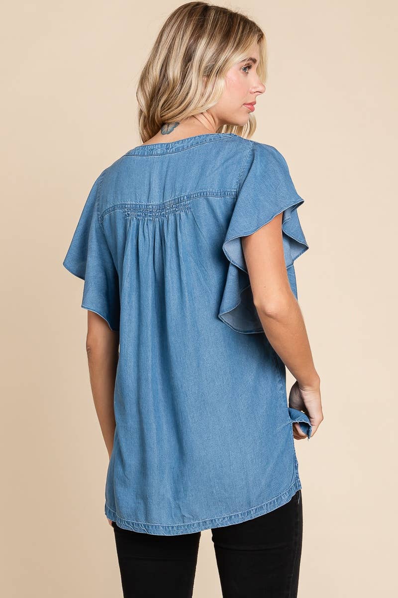 LST5325 - CHAMBRAY FLUTTER SLEEVE TOP=