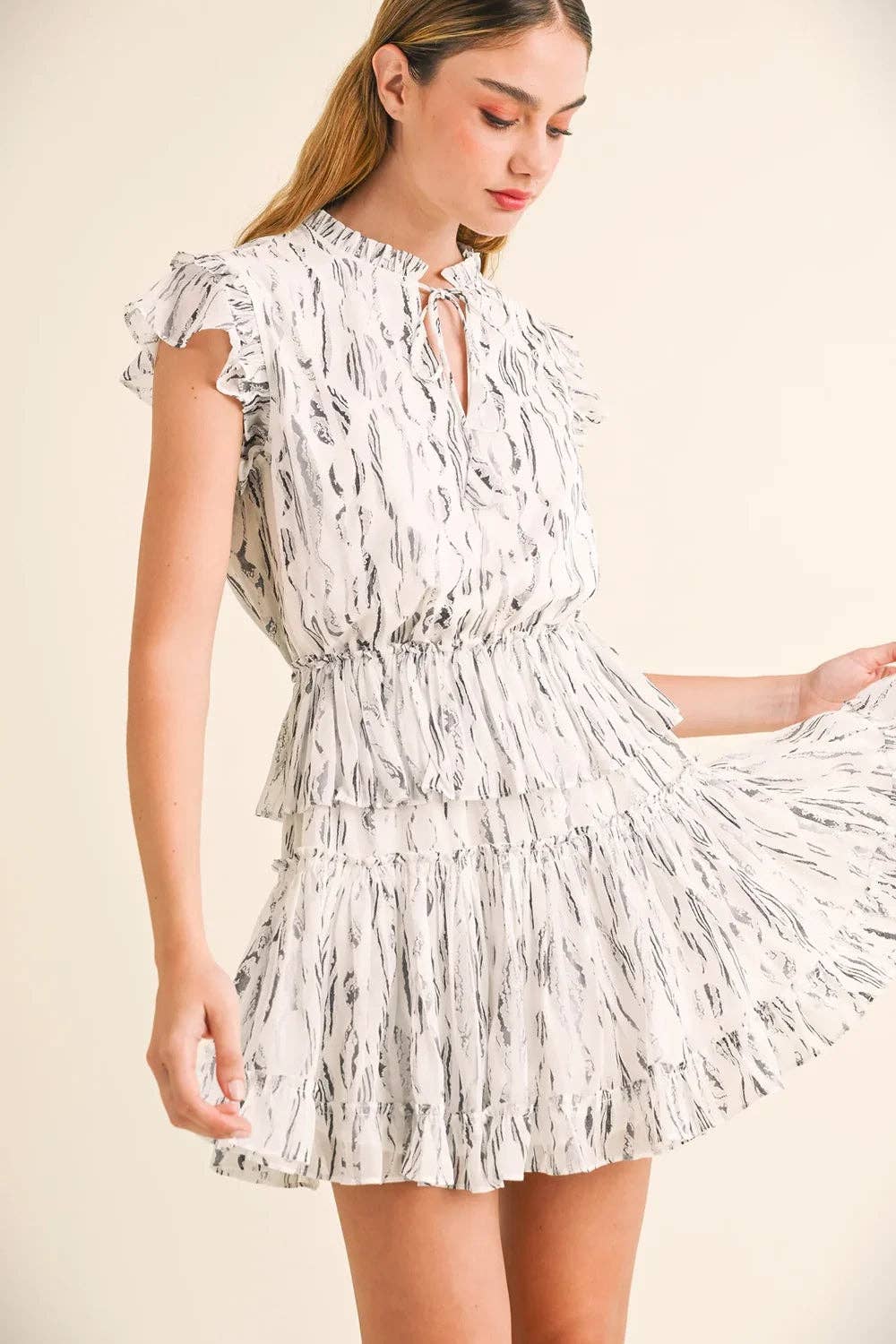 White Abstract Print Ruffle Flutter Sleeves and Tie Neck Detail Summer Mini Dress