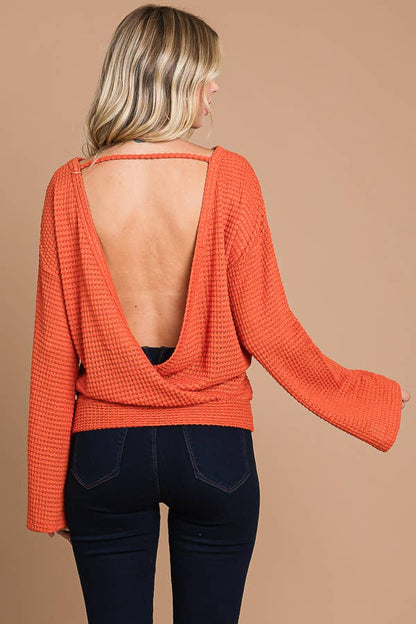 CHT1824L-Surplice Back Detail Bell Sleeve Top