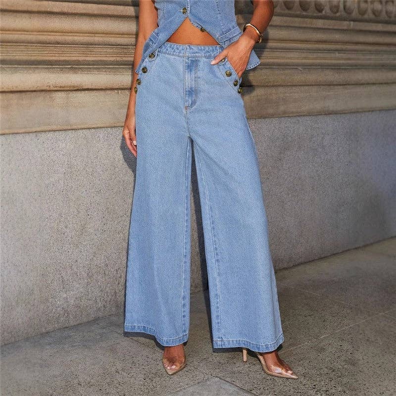 Solid Button Sleeveless Vest Wide Leg Jeans Set