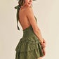Boho Olive Green Cotton Eyelet Halter Neck Smocked Mini Dress