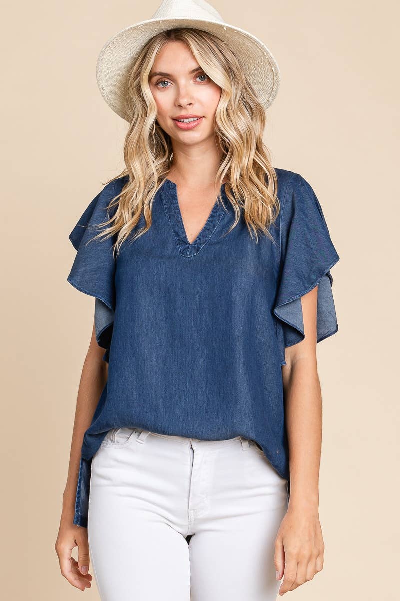 LST5325 - CHAMBRAY FLUTTER SLEEVE TOP=