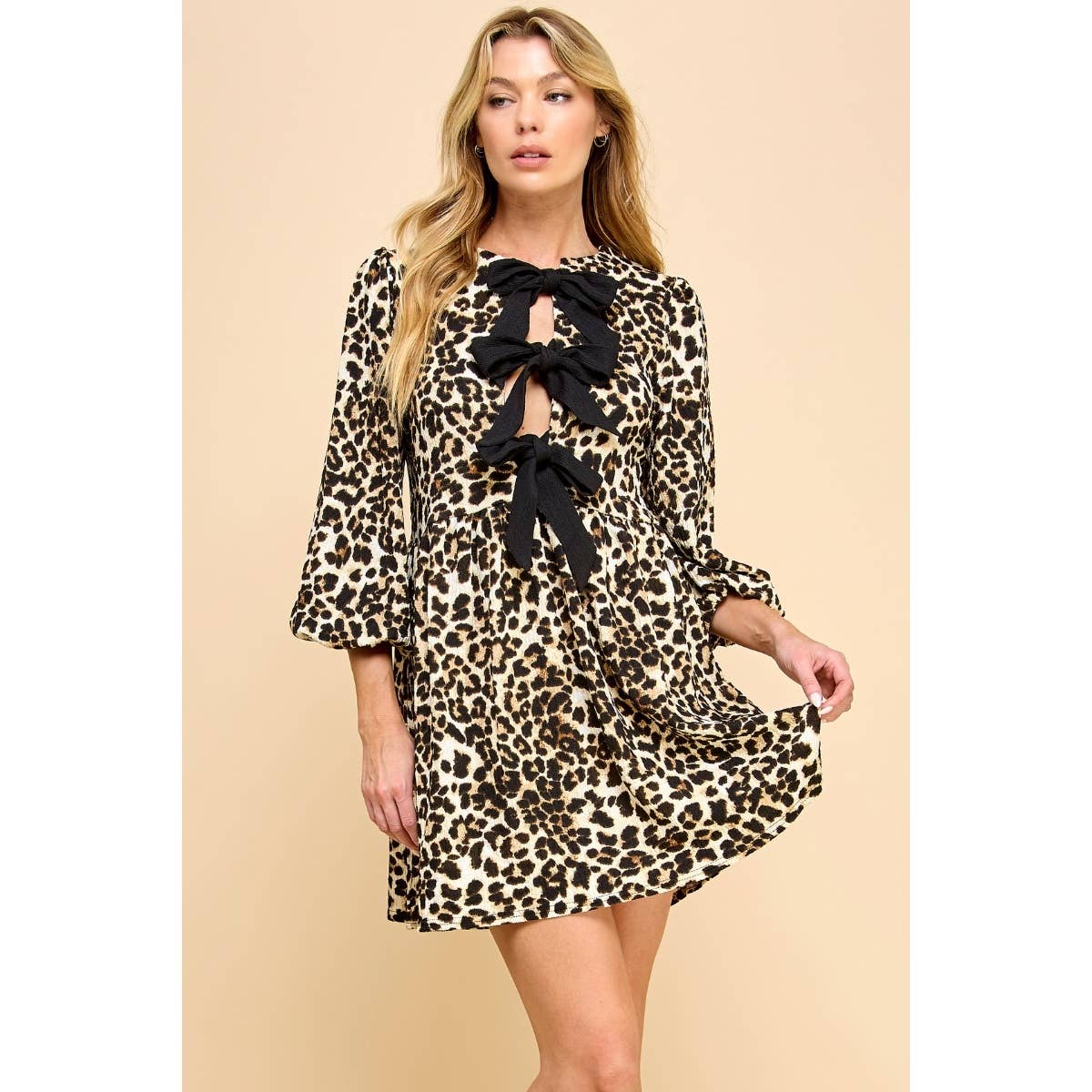 Print Woven Ribbon Tie Short Dress