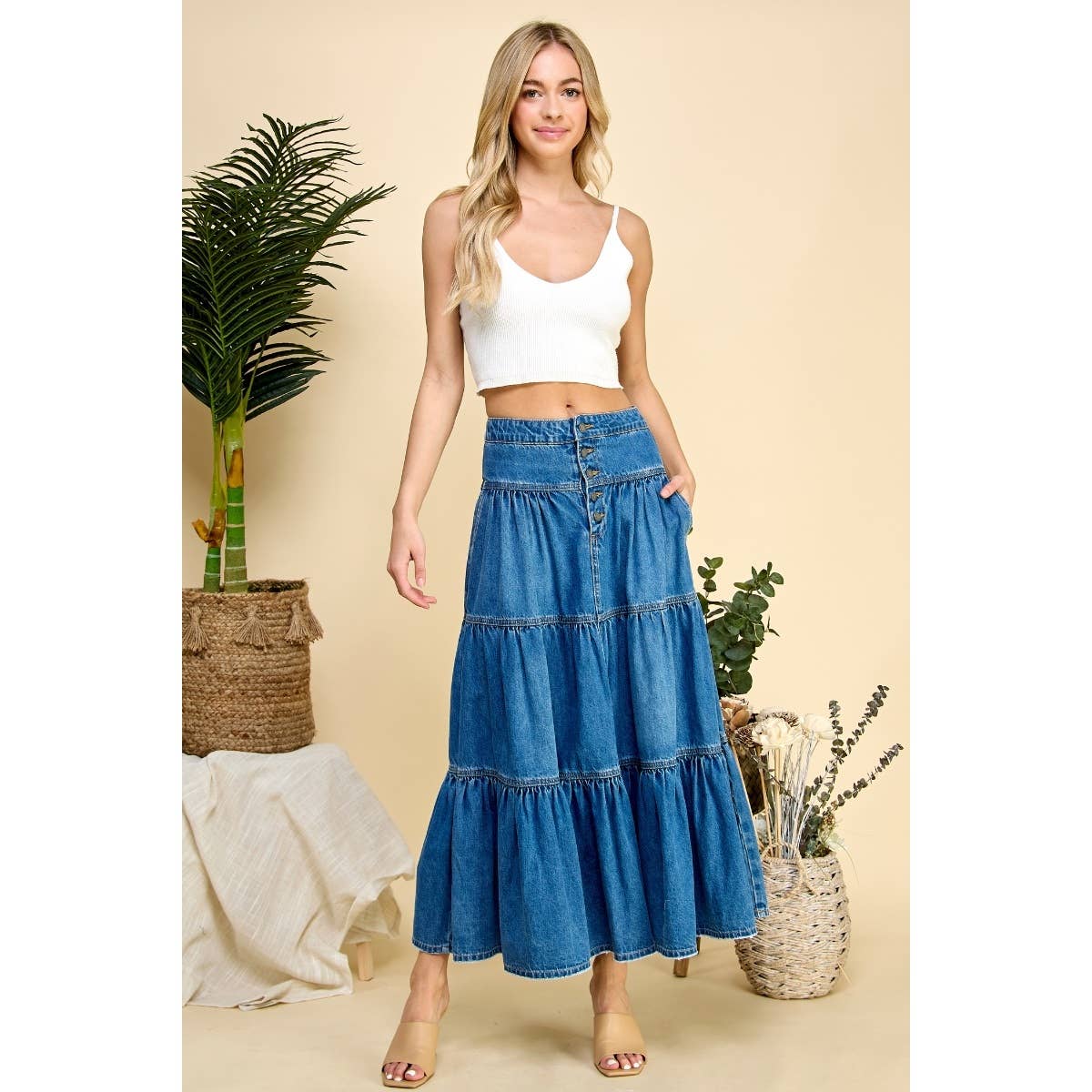 Front Button 3 tiered Denim Skirt
