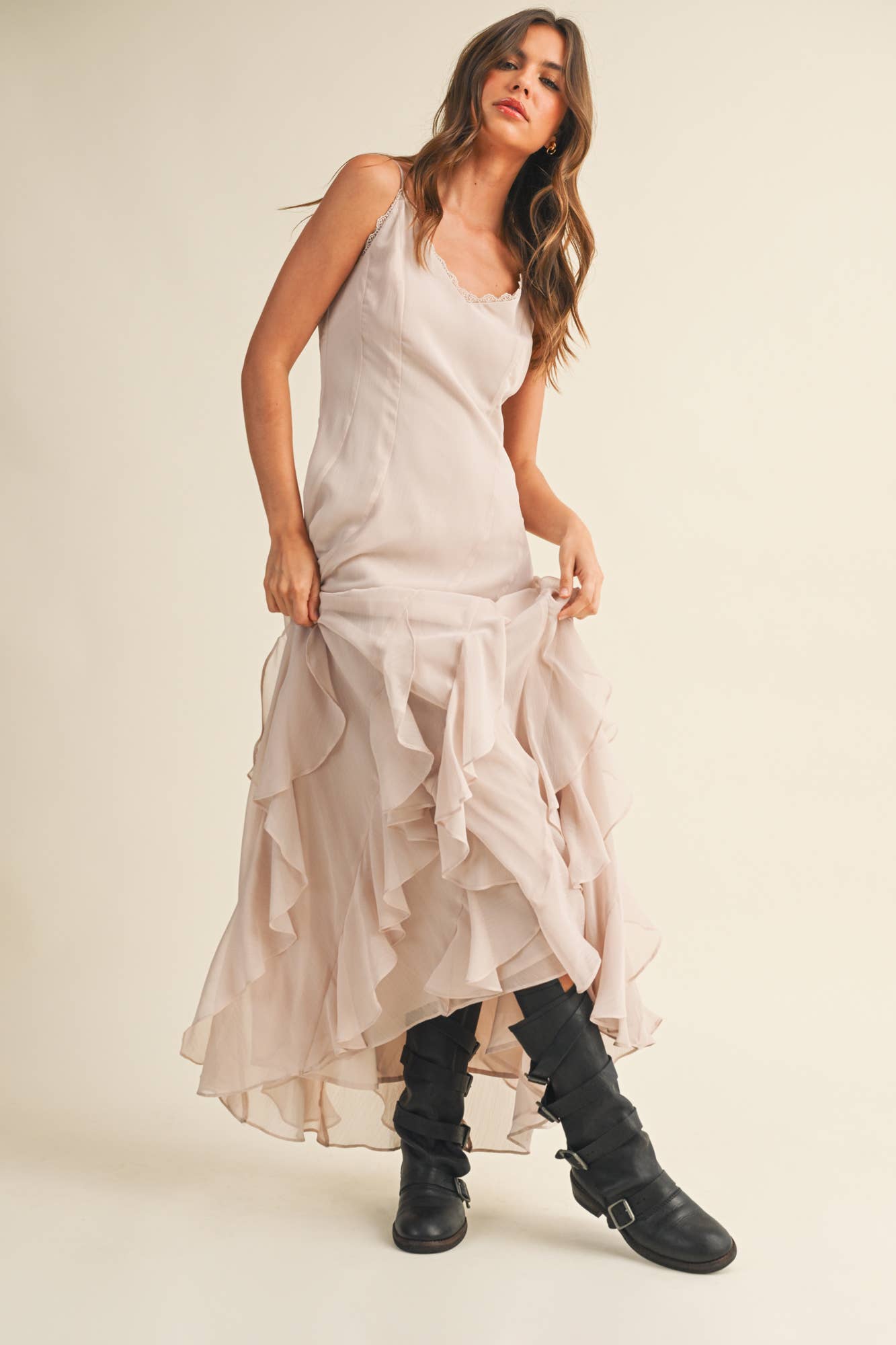 LACE V NECK RUFFLED CAMI DRESS