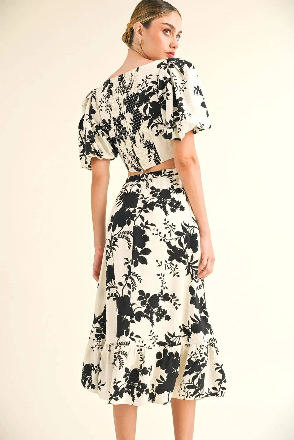 Puff Sleeve Crop Top Black Floral Print Ruffle Hem Midi Skirt Two Piece Set