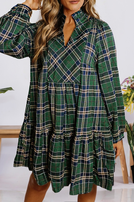 Christmas Plaid Print Notched Neck Shift Mini Dress (S-4X)