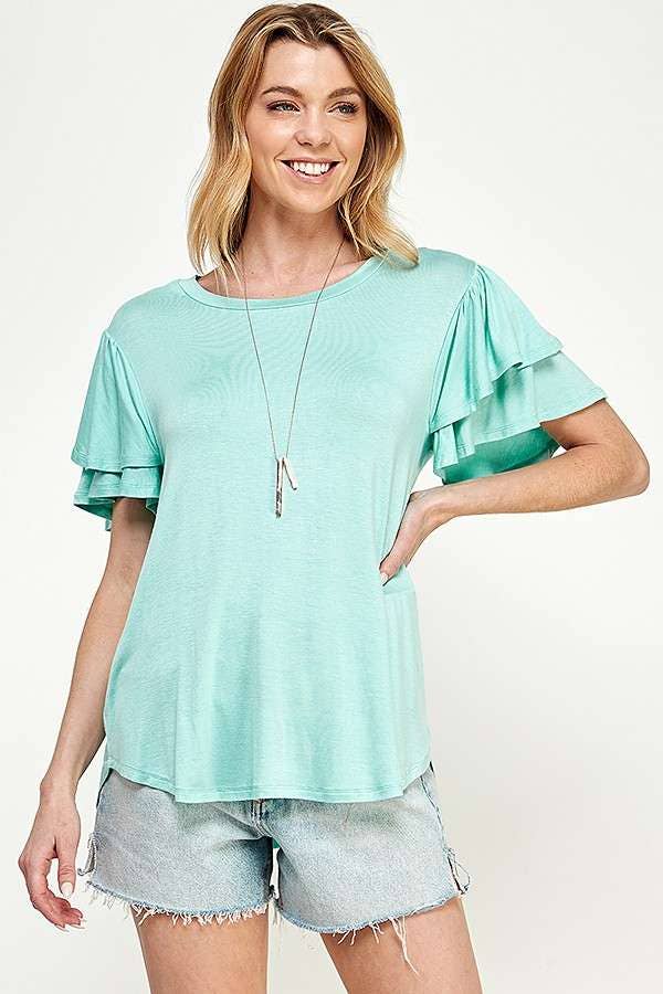 Round Neck Semi Loose Ruffle Sleeve Top