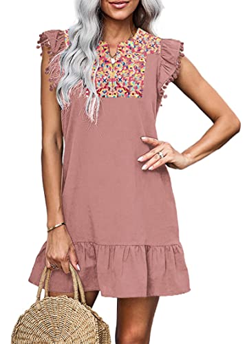 ON LINE ONLY- KIRUNDO Women's 2024 Summer Mini Dress Casual V Neck Floral Embroidered Ruffle Sleeveless Shift Dress Flowy Boho Dress, B-Navy, Small