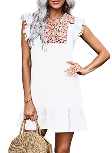 ON LINE ONLY- KIRUNDO Women's 2024 Summer Mini Dress Casual V Neck Floral Embroidered Ruffle Sleeveless Shift Dress Flowy Boho Dress, B-Navy, Small