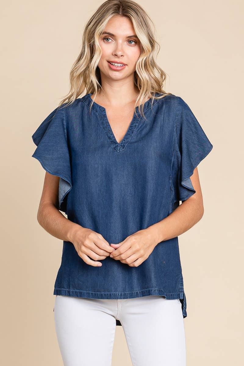 LST5325 - CHAMBRAY FLUTTER SLEEVE TOP=