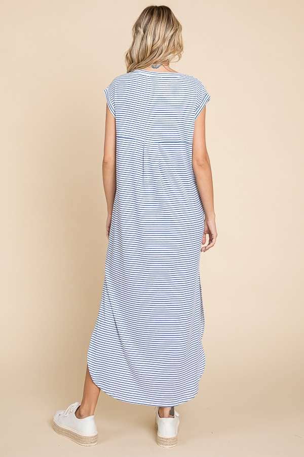 V Neck Oversize Sleeveless Stripe Maxi Dress