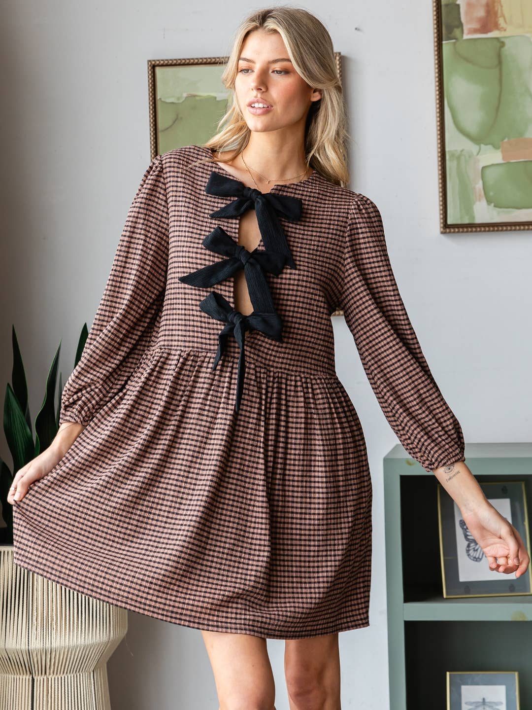 Print Woven Ribbon Tie Short Dress