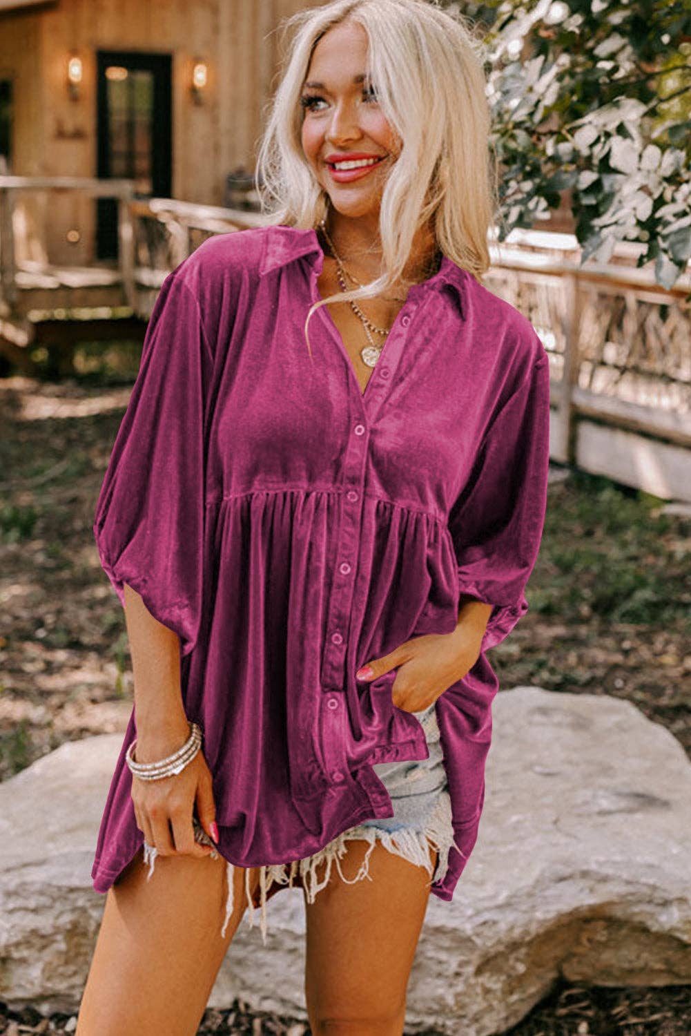 Women's 3/4 Sleeve Tunic Babydoll Velvet Shirt