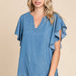 LST5325 - CHAMBRAY FLUTTER SLEEVE TOP=