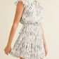 White Abstract Print Ruffle Flutter Sleeves and Tie Neck Detail Summer Mini Dress