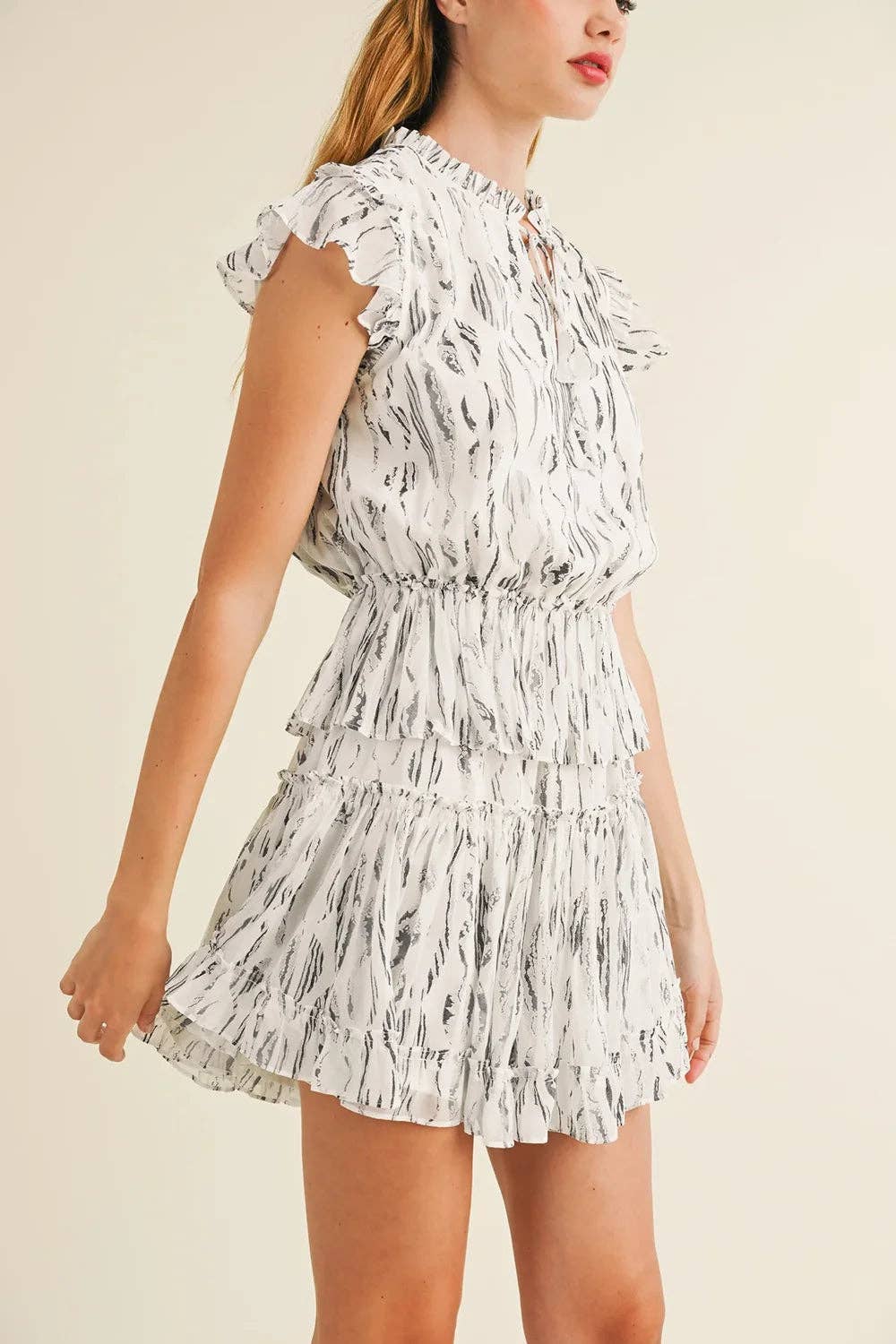 White Abstract Print Ruffle Flutter Sleeves and Tie Neck Detail Summer Mini Dress