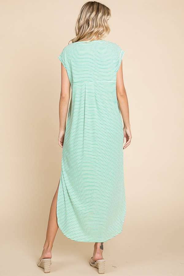 V Neck Oversize Sleeveless Stripe Maxi Dress