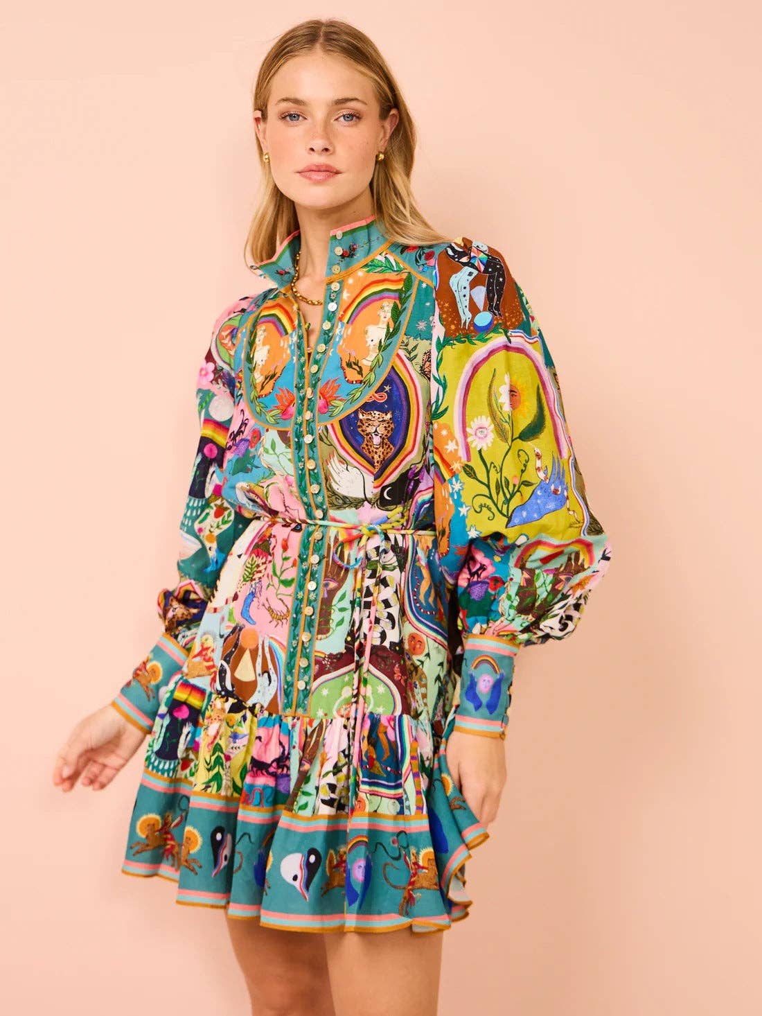 Fashionable Printed Linen Cardigan Dress with A-Line Silhouette