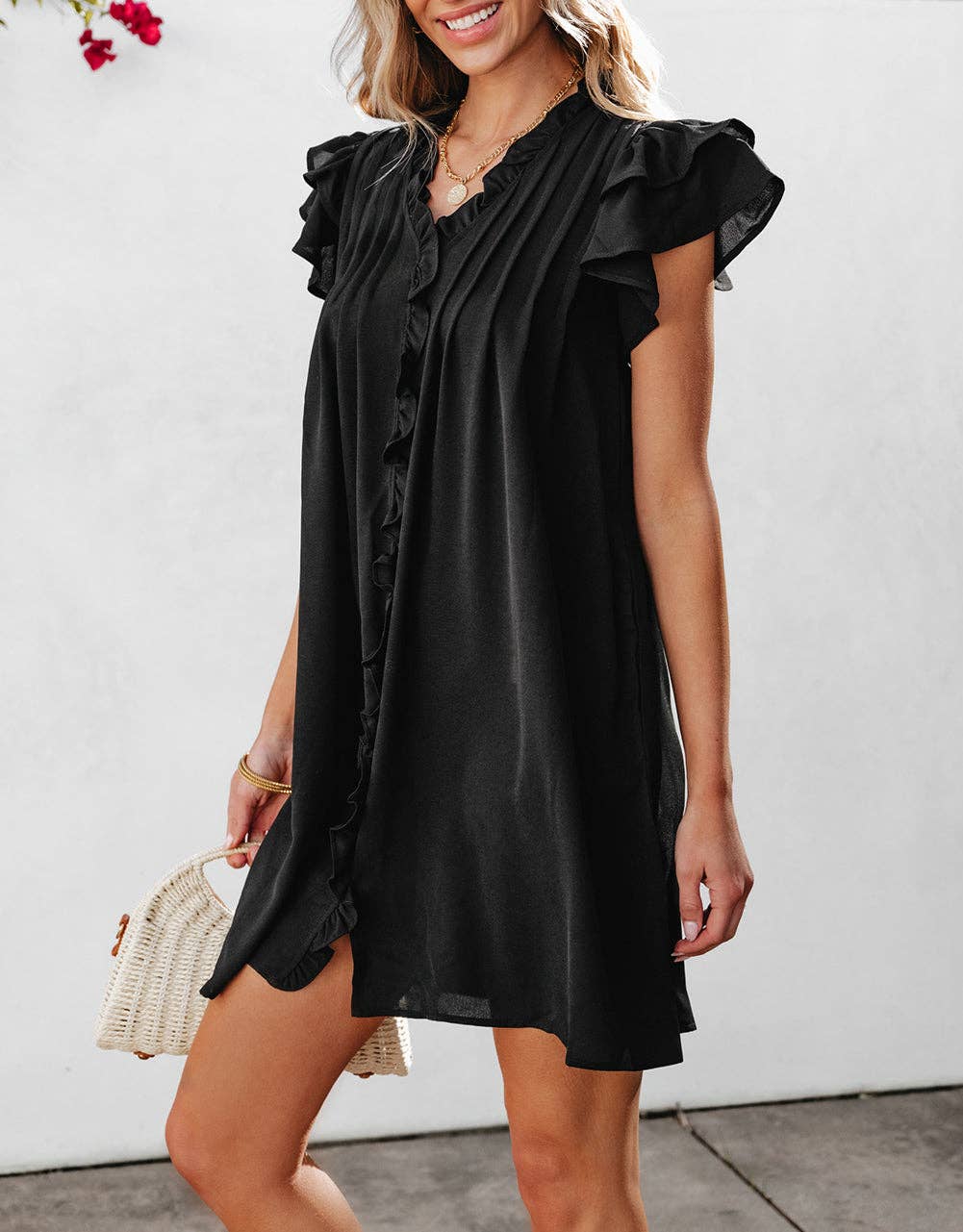 Ruffle Sleeve V Neck Frilled Shift Dress