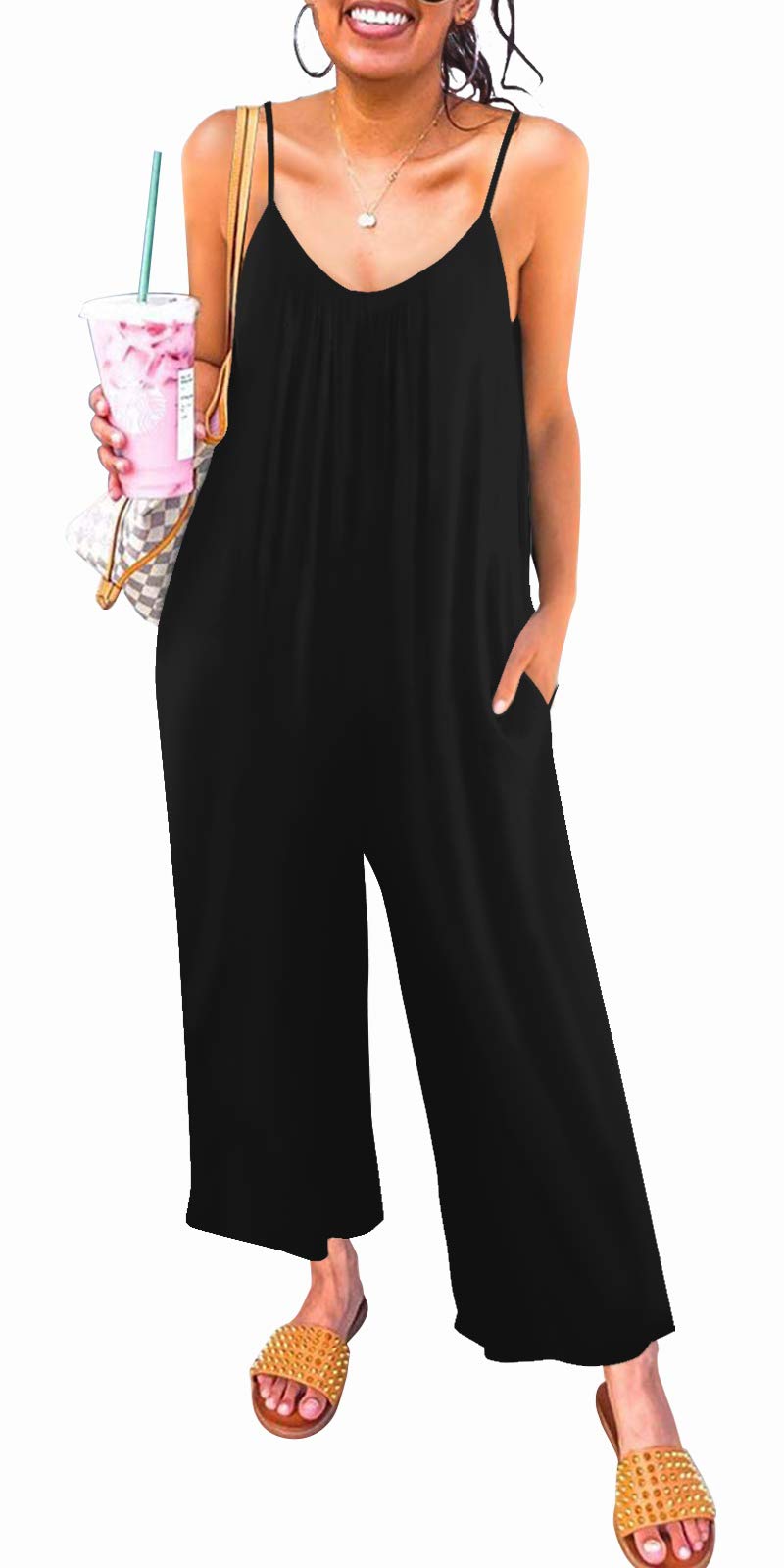 ON LINE ONLY-snugwind Womens Casual Sleeveless Strap Loose Adjustable Jumpsuits Stretchy Long Pants Romper with Pockets Large Black