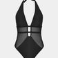 CUPSHE Women's One Piece Swimsuit Bathing Suit Deep V Neck Halter Back Tie Mesh Swimwear XS Black