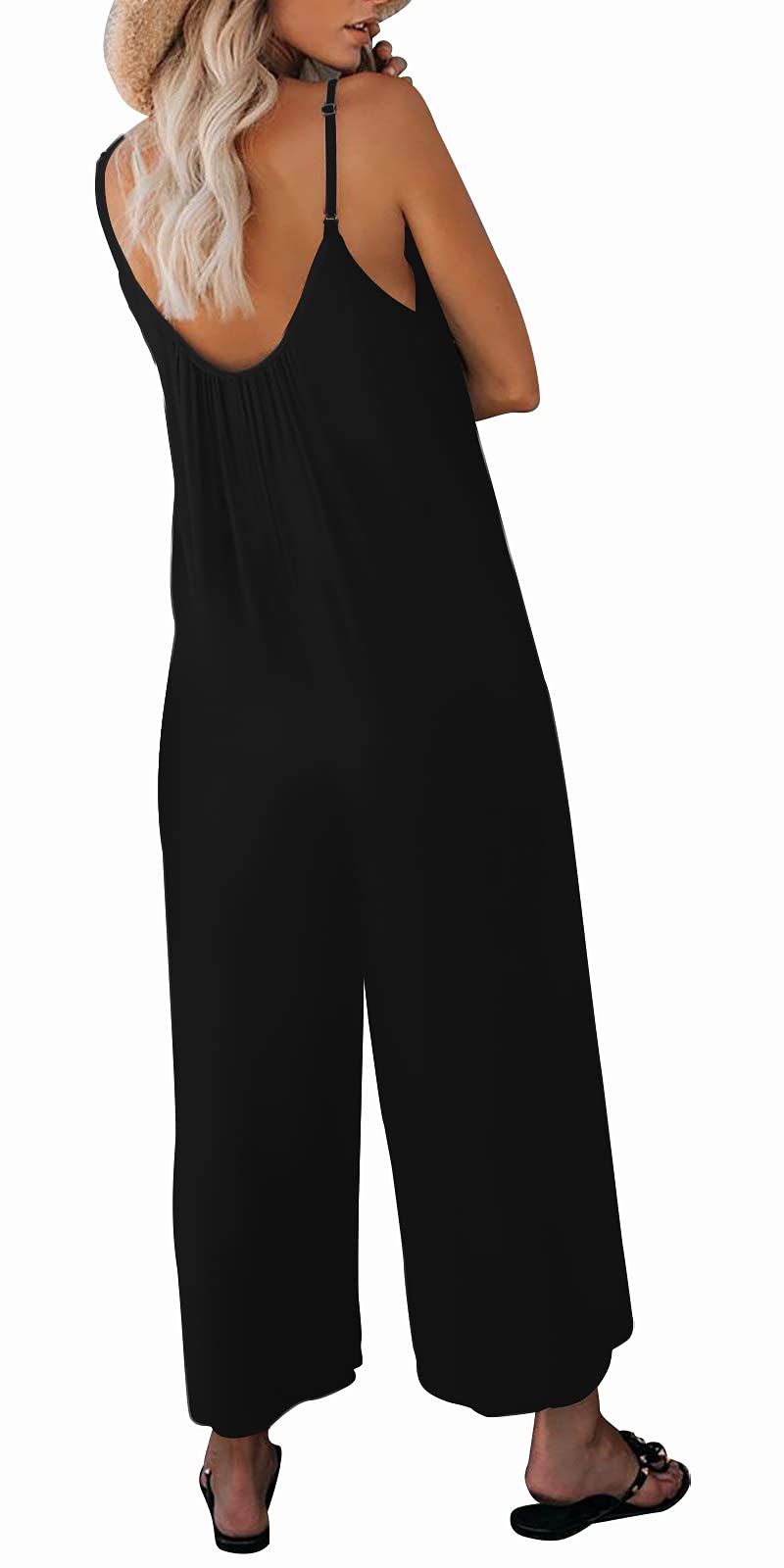 ON LINE ONLY-snugwind Womens Casual Sleeveless Strap Loose Adjustable Jumpsuits Stretchy Long Pants Romper with Pockets Large Black