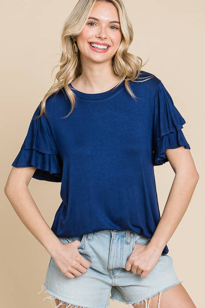 Round Neck Semi Loose Ruffle Sleeve Top