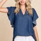 CHAMBRAY FLUTTER SLEEVE TOP=