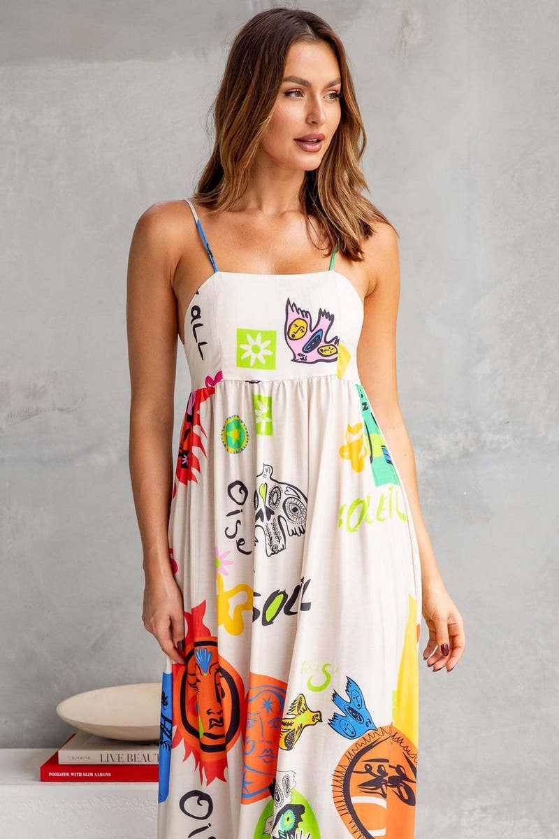 Printed SUSPENDER DRESS WITH WIDE SWING