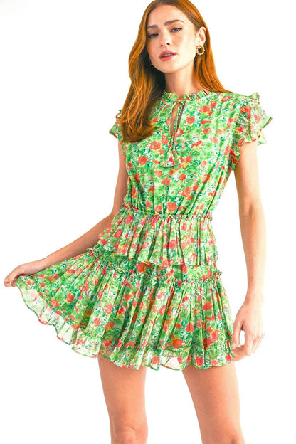 Green Red Floral Print Ruffle Sleeve Keyhole Neck Smocked Tiered Mini Dress
