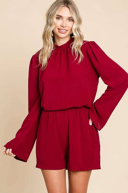 CWR1863L-Mock Neck Bell Sleeve Romper