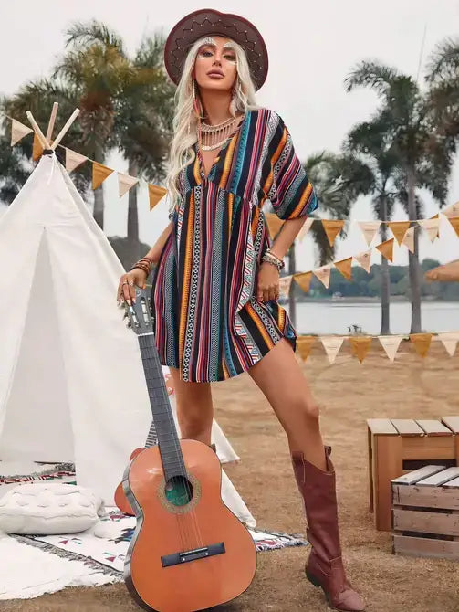 Striped v neck mini dress-