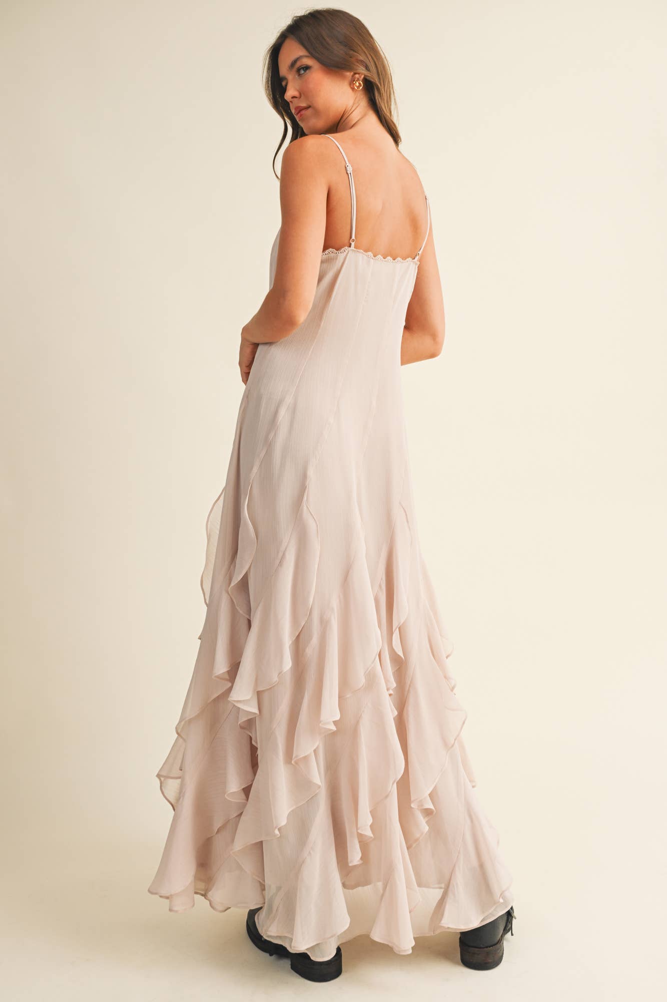 LACE V NECK RUFFLED CAMI DRESS