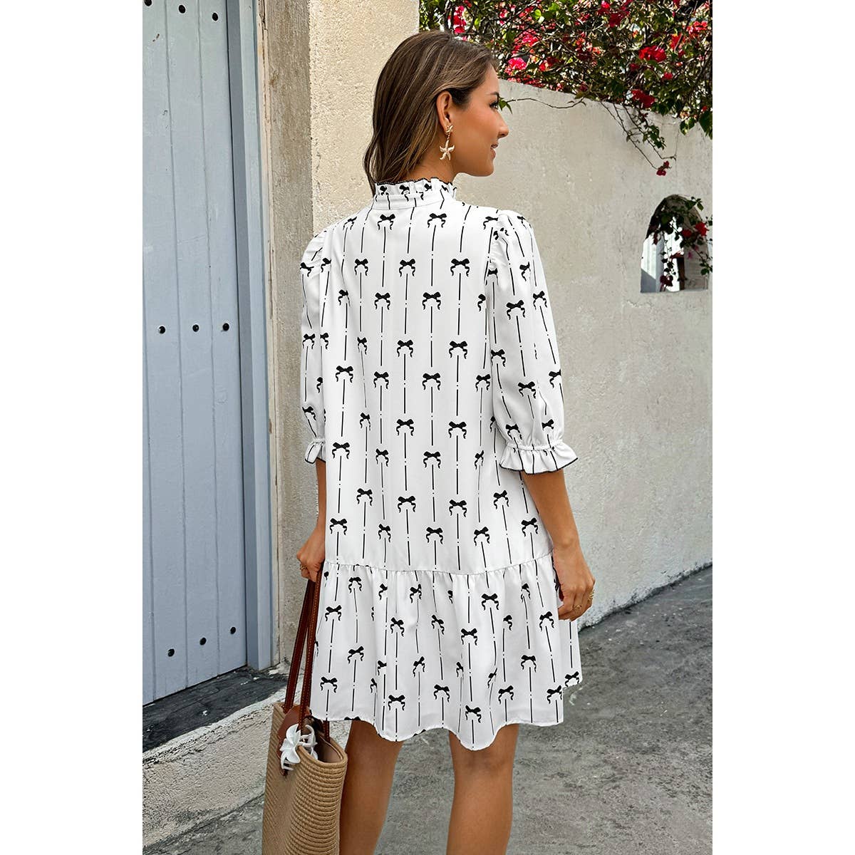 A Line Bow Ruffle V Neck Loose Fit Dress