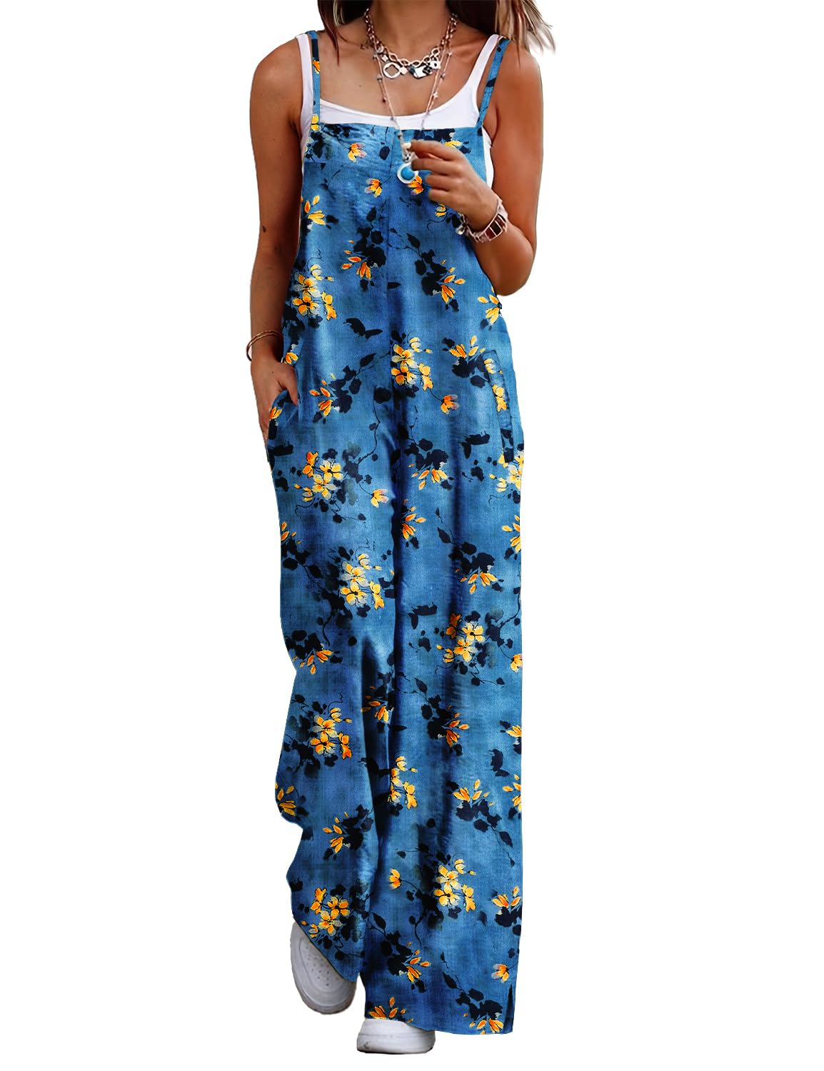 ON LINE ONLY- YESNO Women's Summer Boho Casual Jumpsuits Wide Leg Overalls Floral Print Baggy Rompers with Pockets XL PZZCR 377