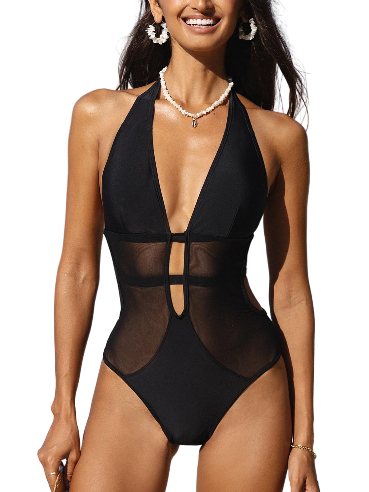 CUPSHE Women's One Piece Swimsuit Bathing Suit Deep V Neck Halter Back Tie Mesh Swimwear XS Black