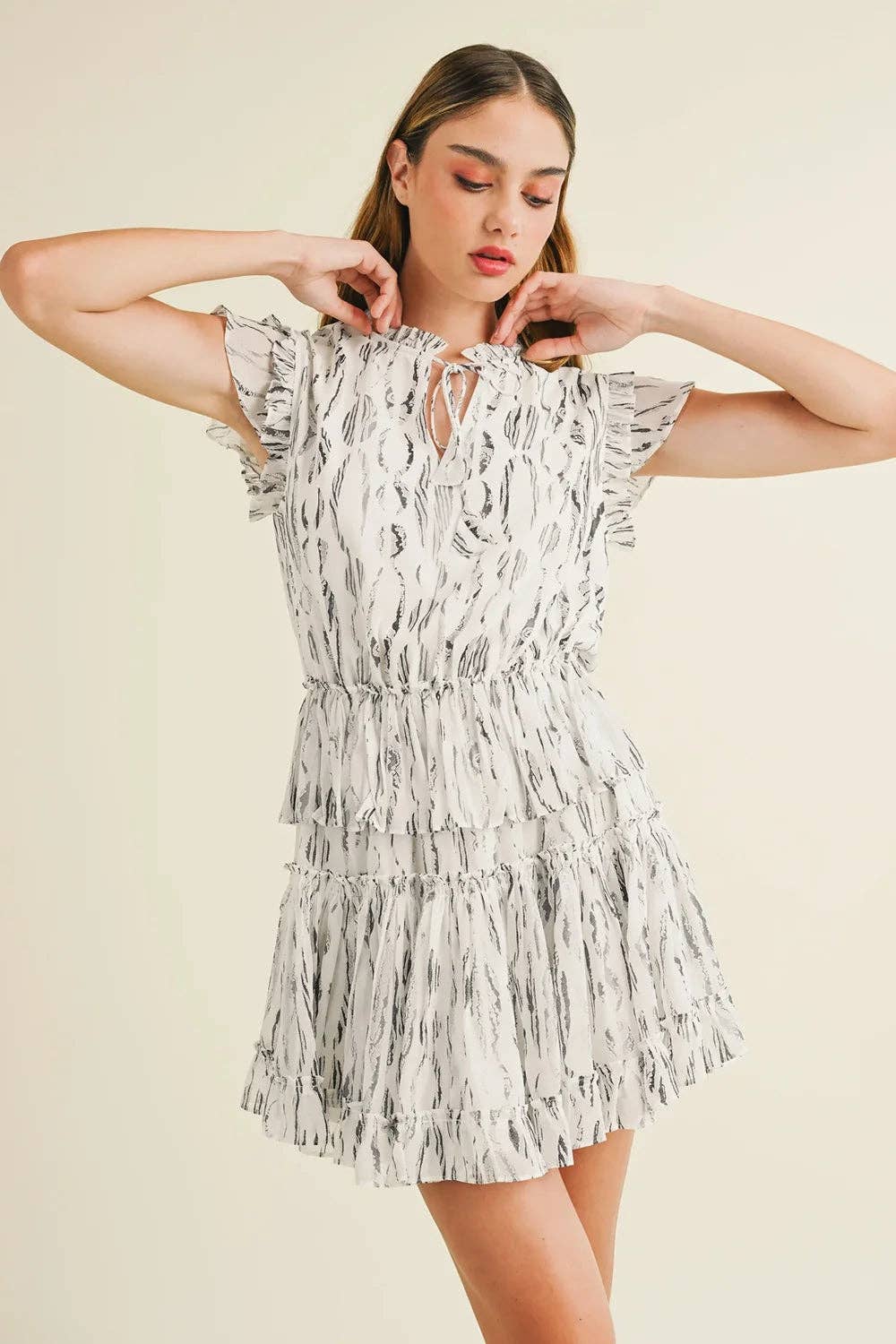 White Abstract Print Ruffle Flutter Sleeves and Tie Neck Detail Summer Mini Dress