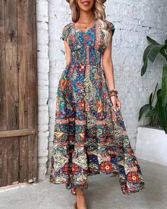 Smocked short sleeve midi dress