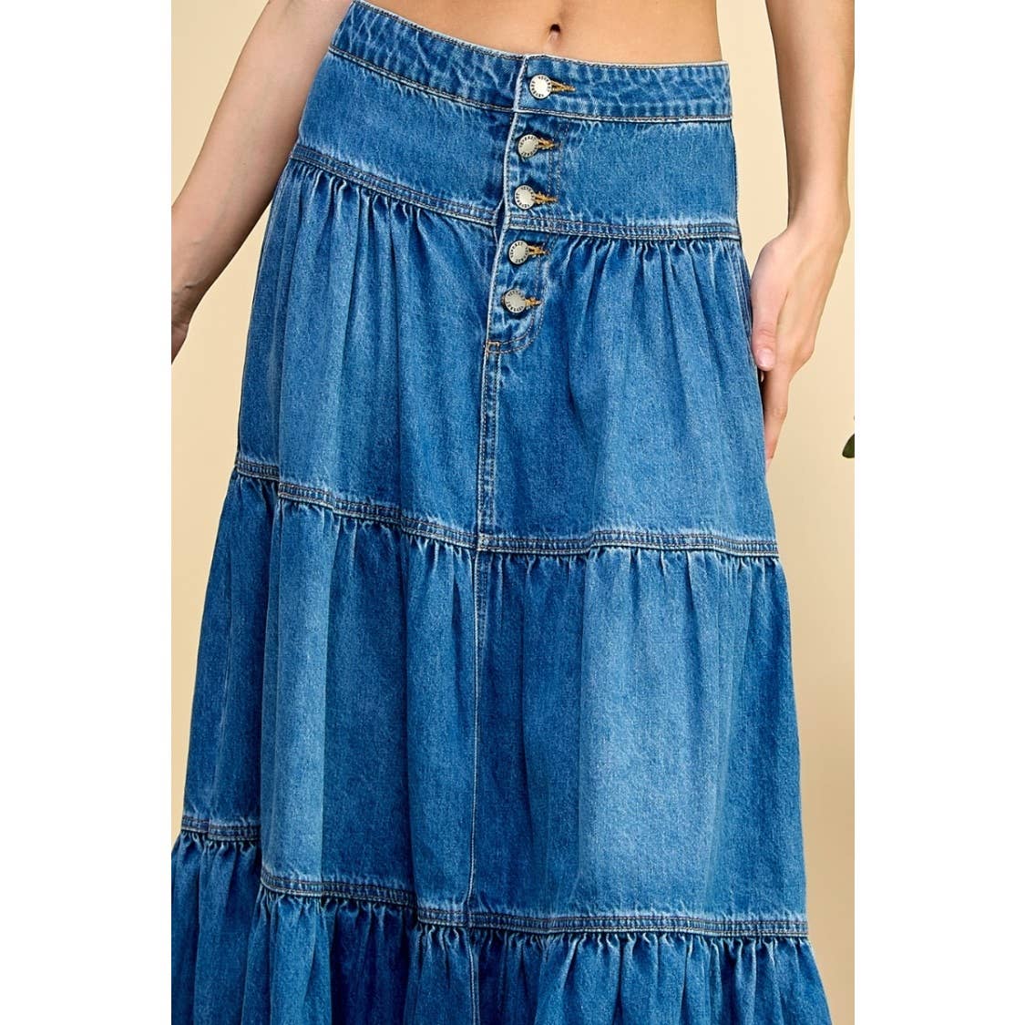 Front Button 3 tiered Denim Skirt