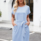 ON LINE ONLY- MEROKEETY Women's Summer Striped Short Sleeve T Shirt Dress Casual Tie Waist Midi Dress, Blue, M