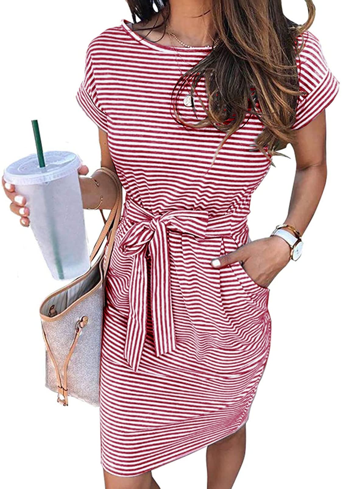 ON LINE ONLY- MEROKEETY Women's Summer Striped Short Sleeve T Shirt Dress Casual Tie Waist Midi Dress, Blue, M